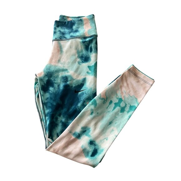 Nike Dri-FIT One 7/8 Mid-Rise Tie-Dye Leggings XS Dew Green Aqua - Picture 1 of 5